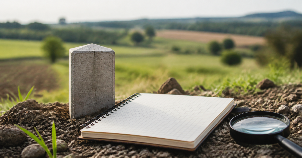 Marco de levantamento rural ao lado de caderno quadriculado sem texto e lupa, em paisagem agrícola clara.