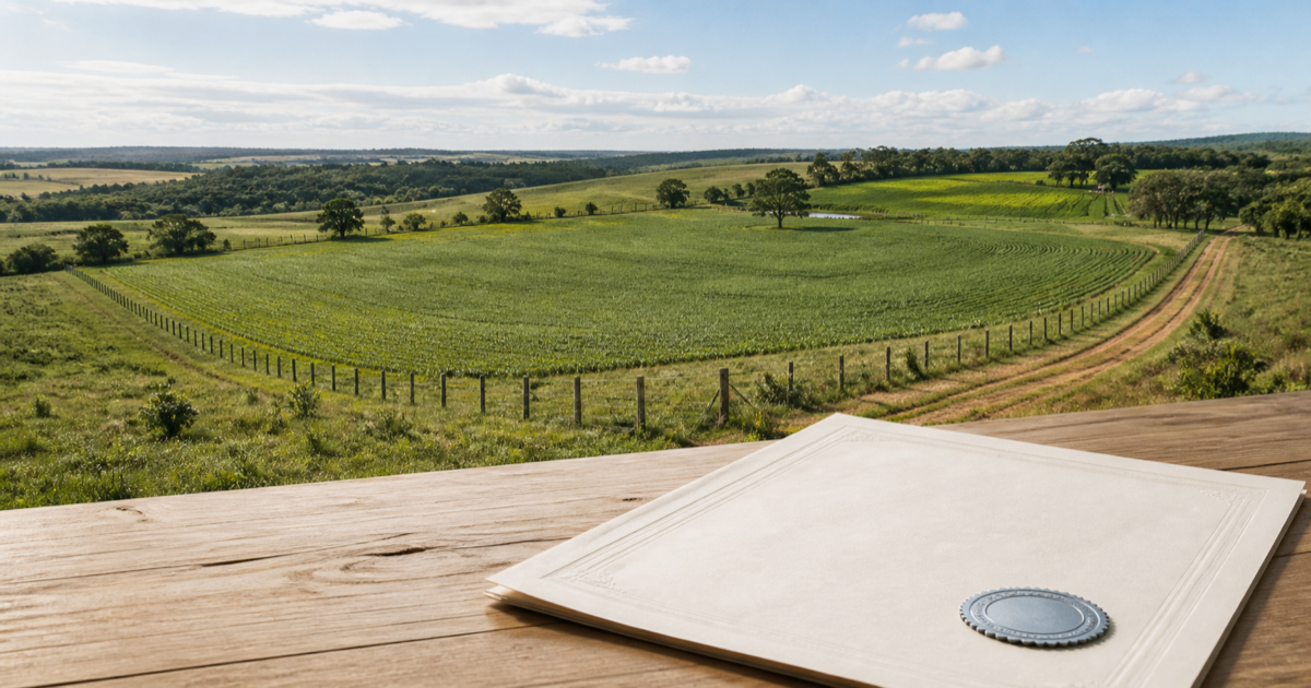 Vista aérea de propriedade rural brasileira com cerca de divisa e uma certidão de matrícula sem texto legível sobre mesa clara.