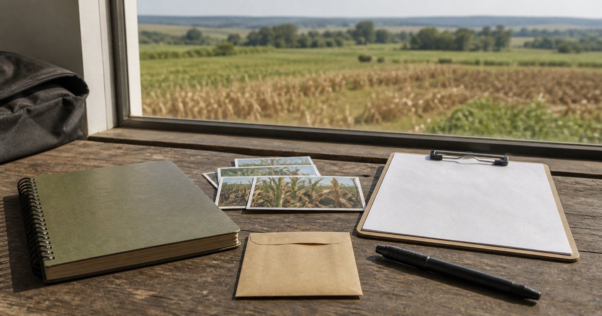 Registros de campo, fotografias de lavoura e documentos sem texto legível em uma mesa rural clara.