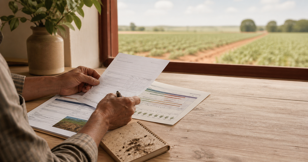Documentos de crédito rural, calendário e anotações sobre uma mesa próxima à lavoura.